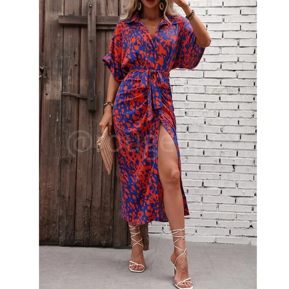 Spotted All Over Print Button Through Tie Belt Ruched Maxi Shirt Dress - Picture 2 of 11